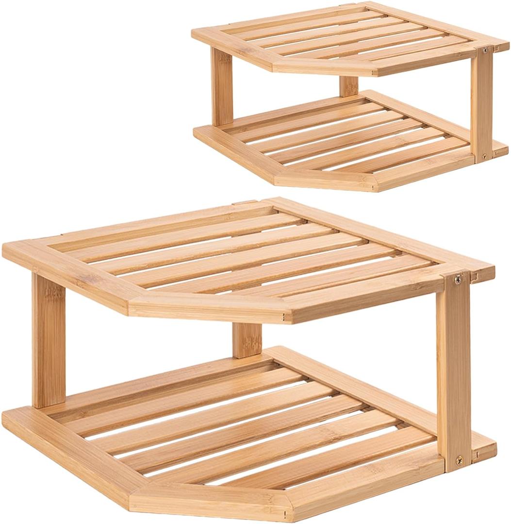 VERTORGAN Bamboo Corner Shelf(2 Pack),2 Tier Plate Organizer for Cabinet and Countertop,Pantry Dish and Spice Rack for Kitchen