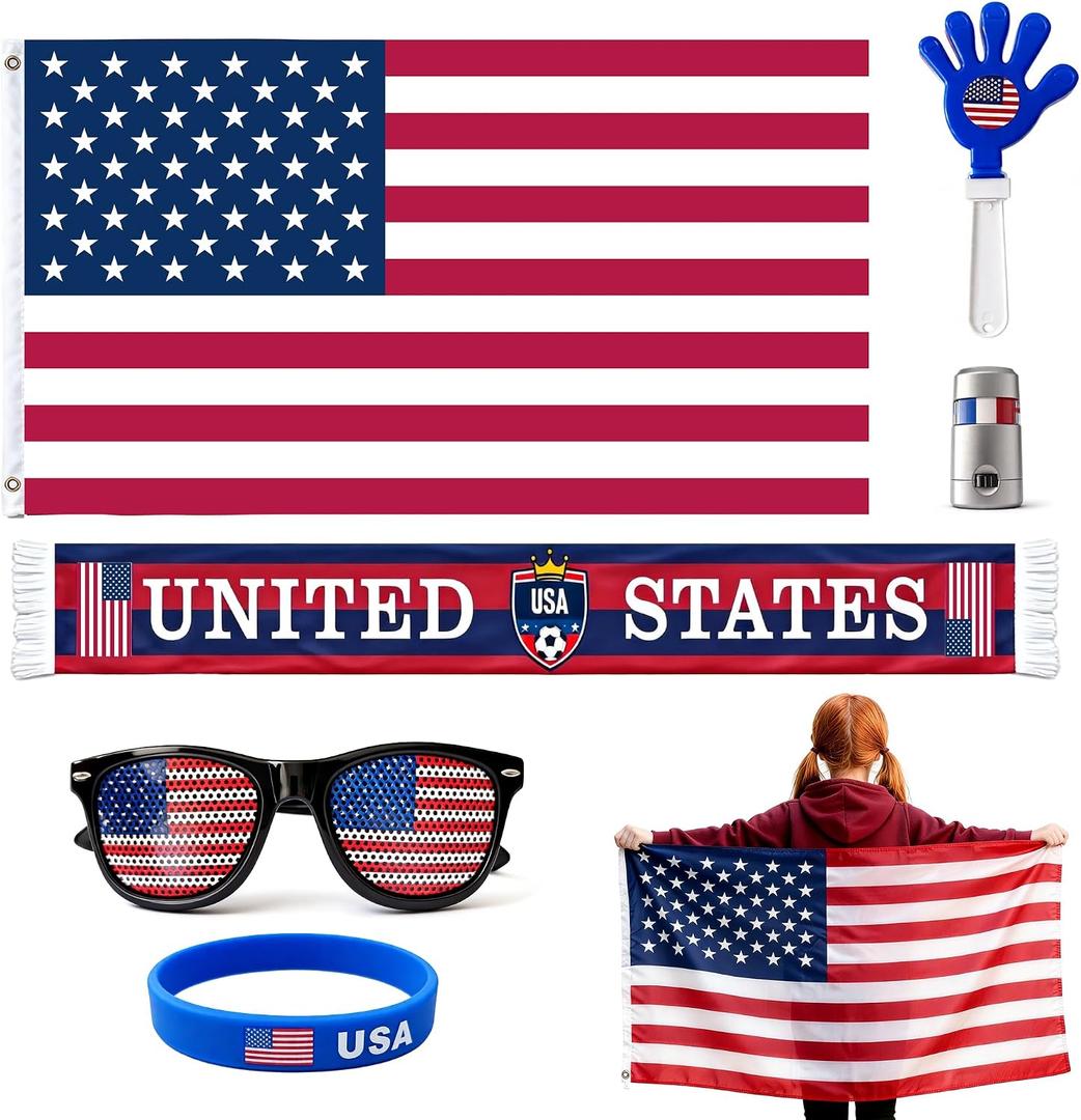 USA Soccer Fan Cheering Kit, 6 Pcs Patriotic Game Day Accessories.
Patriotic soccer cheering kit, fan accessories for game day, tailgate & watch party.