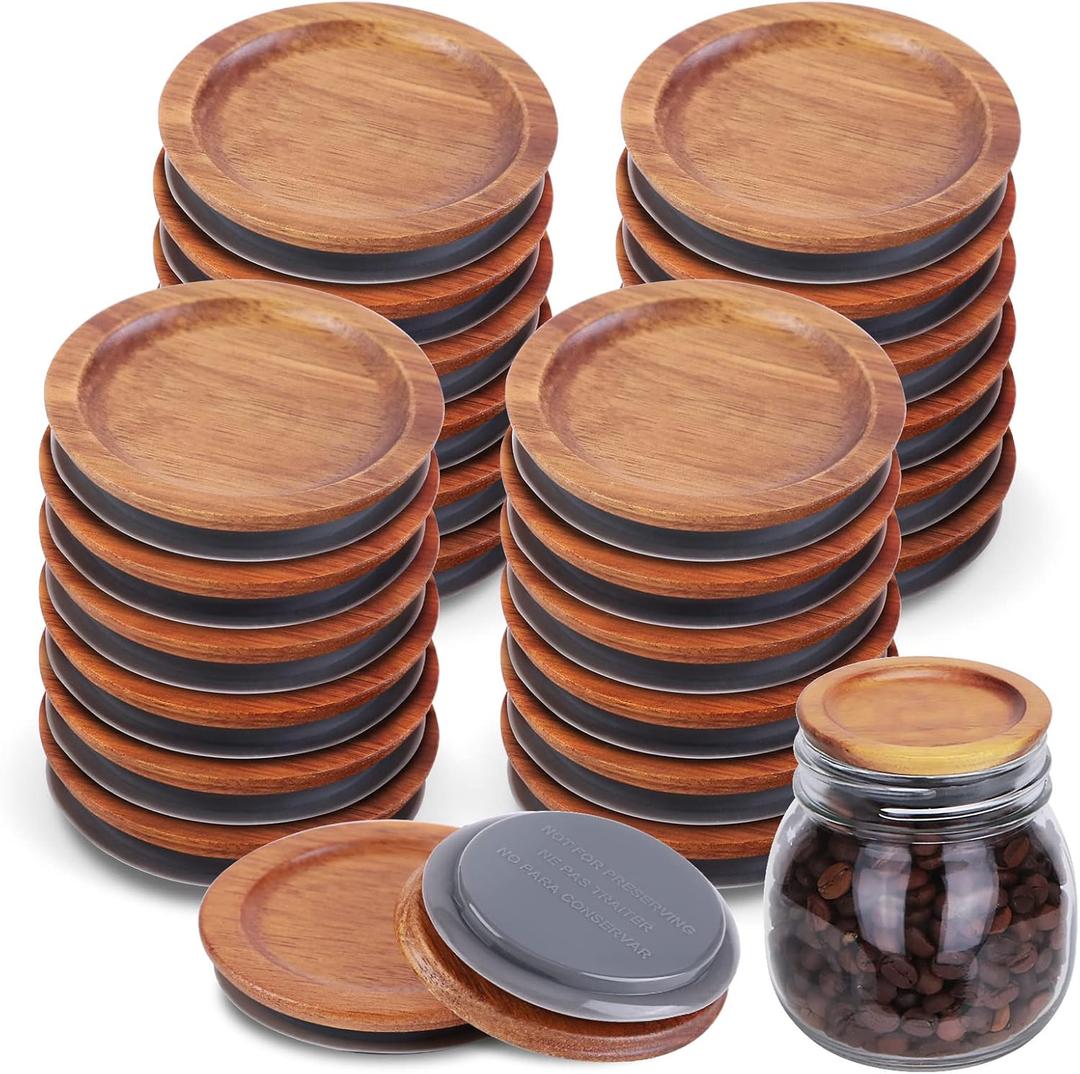 24Pack Regular Mouth Mason Jar Lids  Acacia Wooden Storage Canning Jar Lids with Airtight Silicone Seal