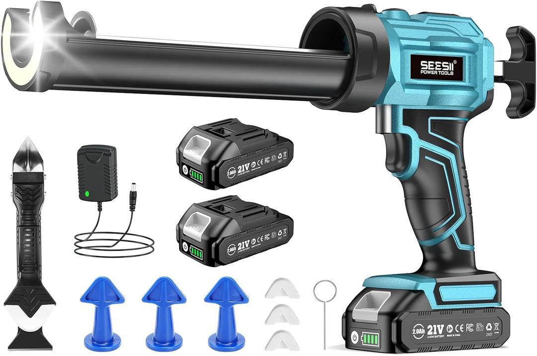 SEESII Cordless Caulking Gun, 21V Battery Powered Caulk Gun, Electric Caulking Gun w/2 x 2.0Ah Batteries, 9Pcs Caulk Remover Tool, LED Light, Auto Retract for Filling, Sealing (10oz)