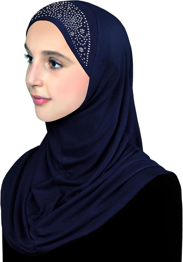 Aiyah Hijab Scarf Big Girls/Kids Pre-teen Headscarf one piece Junior Muslim Amira with Rhinestones (Navy Blue)