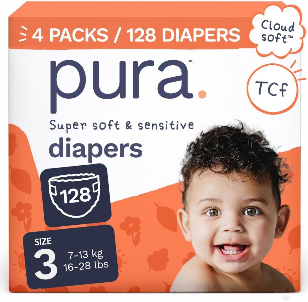 Pura Baby Diapers Size 3 (16-28 lbs) 128 Count Sensitive Skin