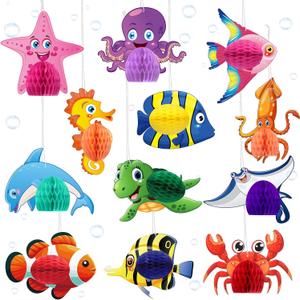 Hotop 12 Pcs Ocean Themed Party Hanging Tissue Decorations Sea Animal Hanging Tissue Honeycomb Centerpieces Decor Fish Sea Turtle Crab Dolphin Octopus for Ocean Tropical Themed Party(Classic)