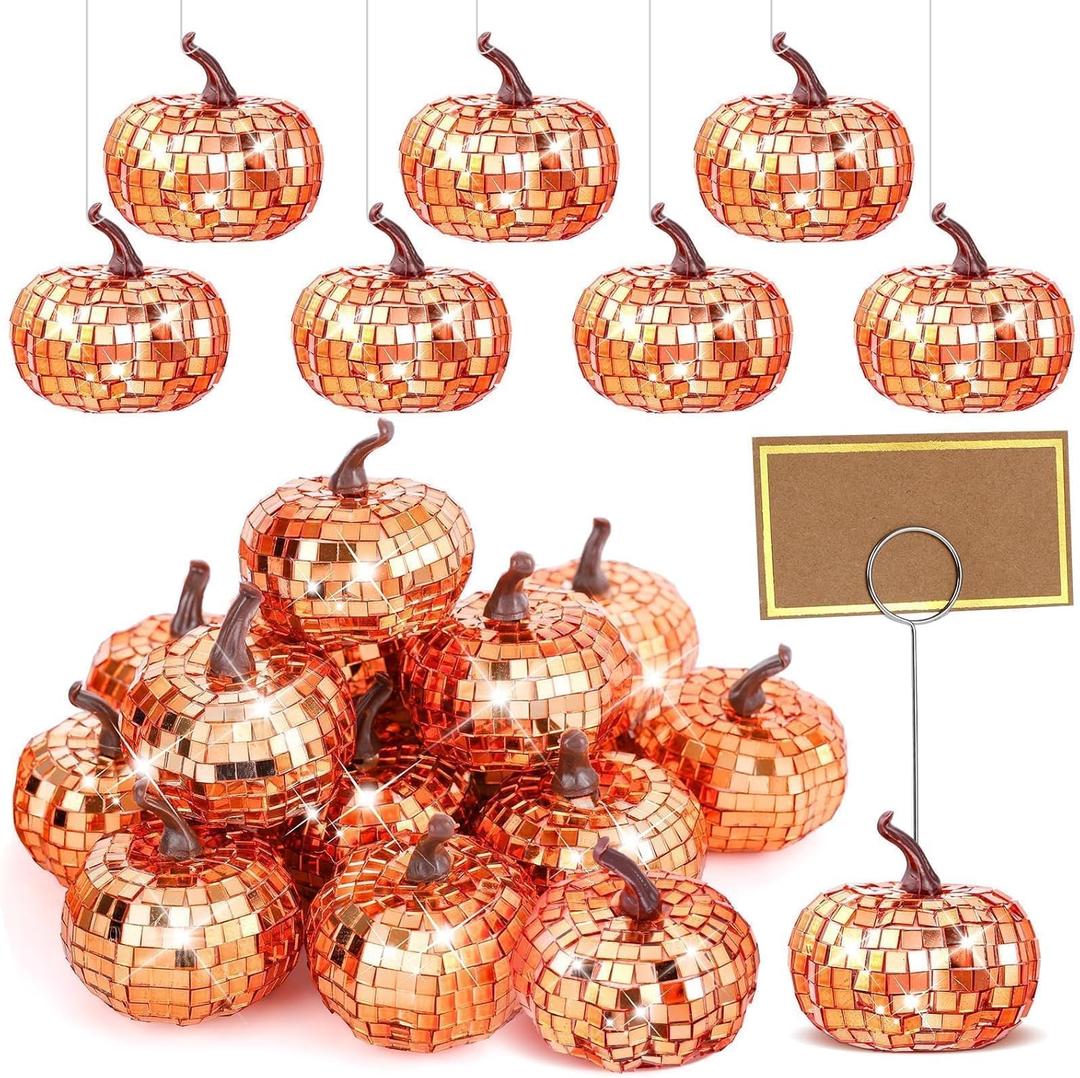 20 Set Artificial Sparkly Pumpkin Decoration Glitter Disco Mirror Pumpkin Place Card Holders Fall Thanksgiving Harvest Hanging Pumpkins Decor for Autumn Halloween Thanksgiving Party Table Centerpiece