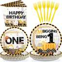 Grencian Construction 1st Birthday Party Supplies - 96 Pcs Construction Truck Plates and Napkins Tableware Excavator Decorations Favors for Boys Tractor Dump One Years Old Birthday Serves 24
