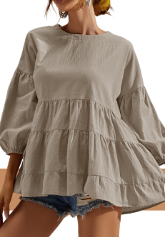 CiCiBird Women's 3/4 Ruffle Sleeve Babydoll Top Loose Peplum Crewneck Tunic 2025 Fashion Casual Shirt Size M