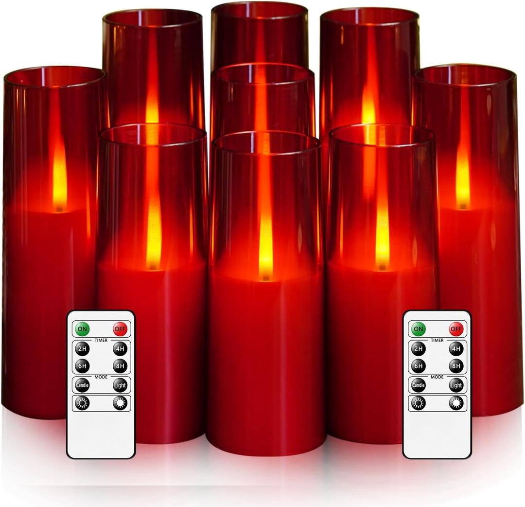 Flickering Flameless Candles 9 Pcs, Battery Operated Candles with Remote Timer, Realistic Pillar LED Candles for Home Decor (Red)