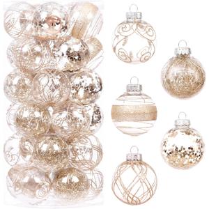 Sea Team 60mm/2.36" Shatterproof Clear Plastic Christmas Ball Ornaments Set with Glitter Painting, Transparent, See-Through, Crystal Baubles, Xmas Tree Decorations (30 Counts, Champagne)