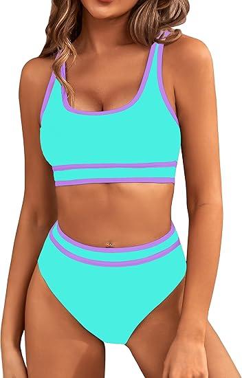 BMJL Women's High Waisted Bikini Sets Sporty Two Piece Swimsuits Color Block Cheeky High Cut Bathing Suits (Small, Sport Blue011)