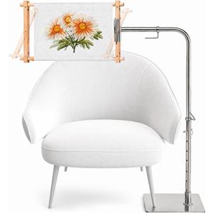 Adjustable Cross Stitch Floor stand with Side Clamp Fit for Lowery Workstand, 360 Rotating Needlepoint Stand for Embroidery Hoops, Q-Snap Frames & Scroll Rods, All Stainless Steel Construction
