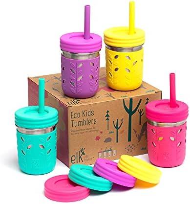 Elk and Friends 10oz Stainless Steel Kids + Toddler Drinking Cups | The Original Mason Jar with Sleeves + Lids | Silicone Straws | Smoothies | Storage Jar | Spill Resistant | Dishwasher Safe | 3 Pack