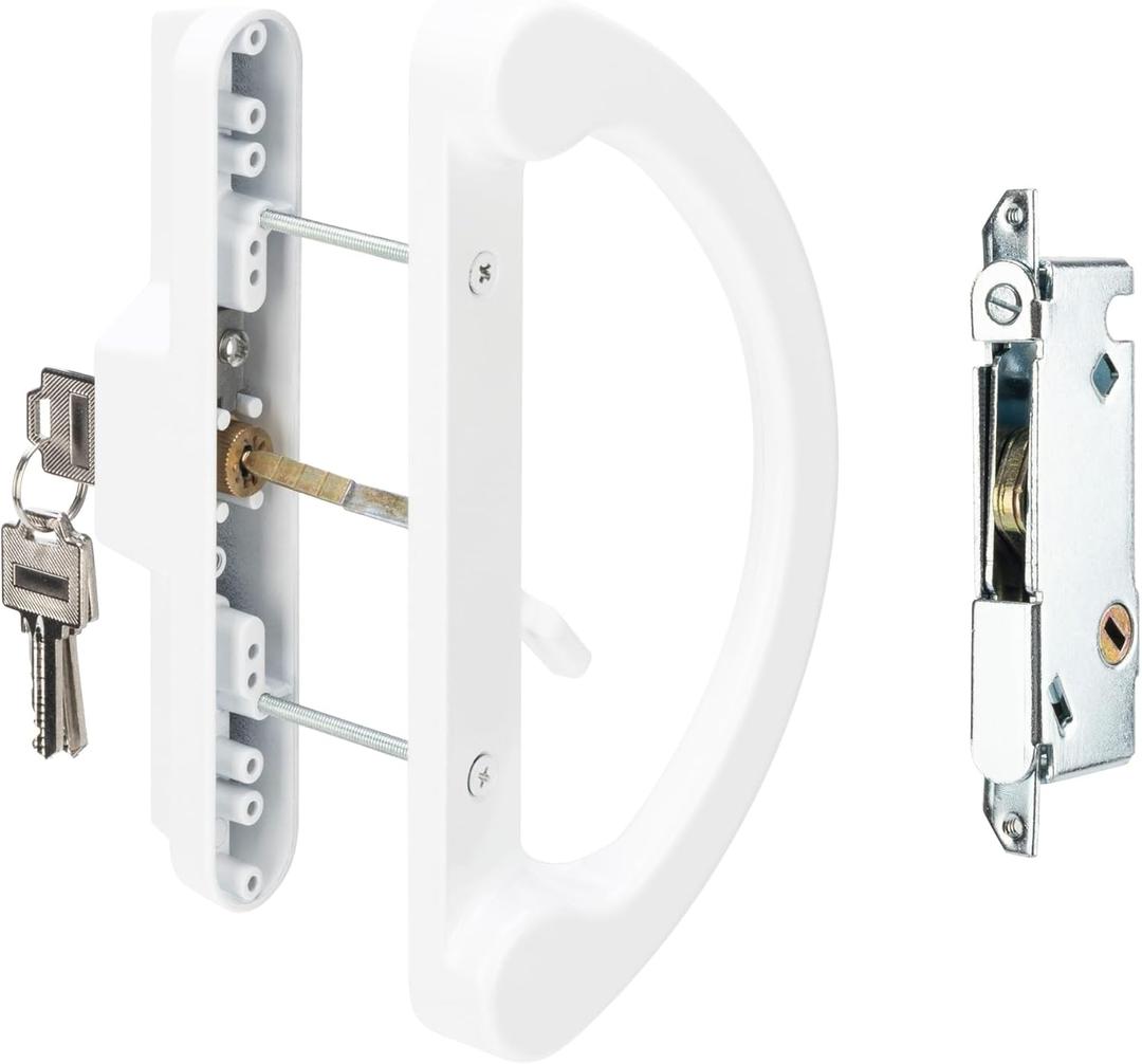 Sliding Patio Door Handle Pull Set with Key Cylinder, Replacement Sliding Door Handle with Mortise Lock for Sliding Glass Door Handle, Fits Hole Pitch Doors with 3-15/16 Inch Hole Pitch, White