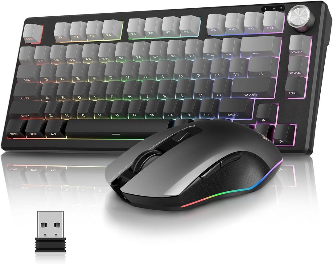 RedThunder K75 Wireless Keyboard and Mouse Combo, 75% Side-Engraved Membrane Keyboard, Optical Gaming Mouse with 4800DPI, 3 Modes(BT/ 2.4G/ Wired), Dual System, RGB Backlit, Rechargeable Battery, Gradient Gray