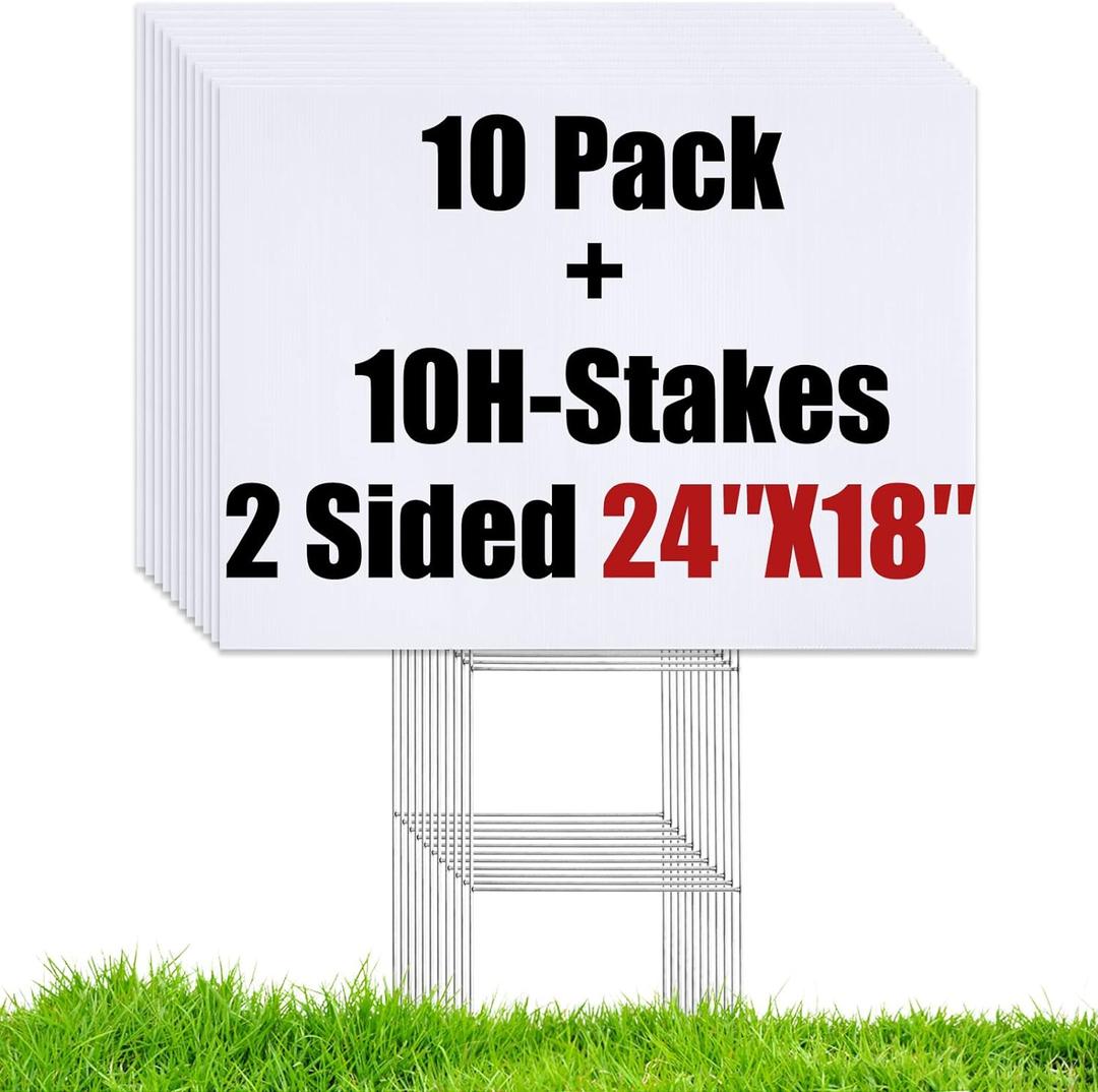 10 Large Blank Yard Signs with Stakes 18 x 24",Corrugated Plastic Lawn Sign kit for Estate Garage Sale,Party,Birthday,Wedding,Campaign,Parking,Make your own Outdoor Sign