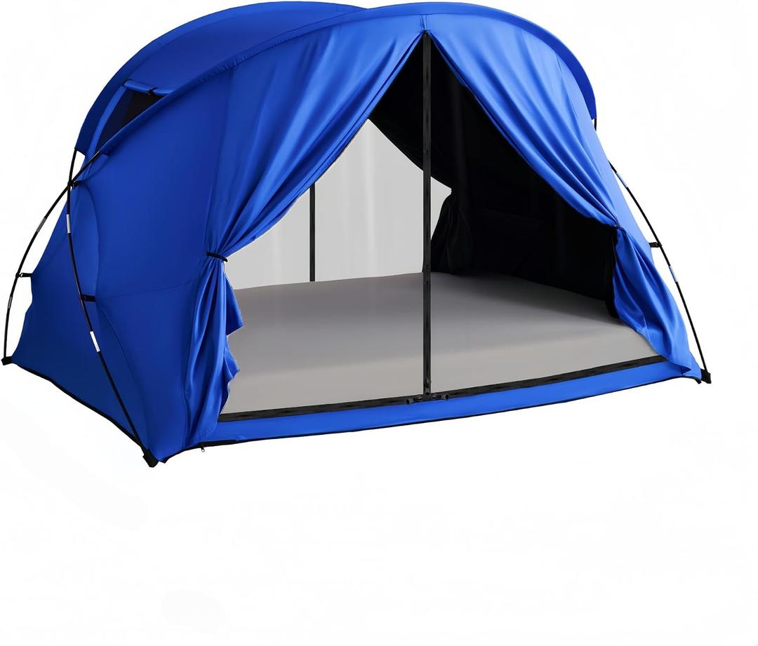 Blue Indoor Privacy Full Size Bed Tent for Adults Kids, Foldable Blackout 90% Sleep Canopy Tents with Breathable Mesh Windows and Door Net Curtains