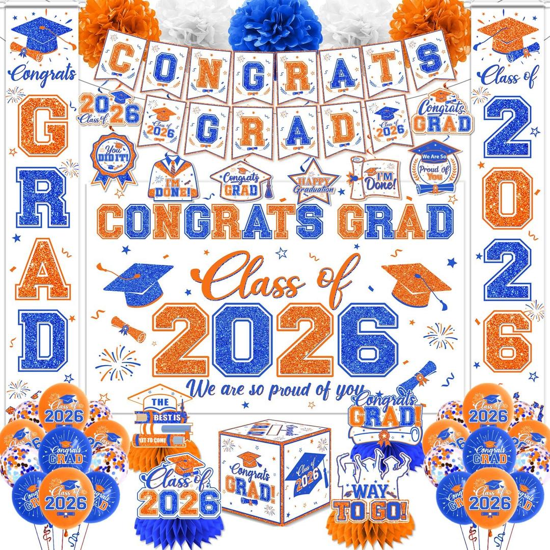 Orange Blue Graduation Decorations 2026 - Graduation Decorations Set with Congrats Grad Backdrop,Banner,Balloons,Porch Sign,Honeycomb Centerpieces for High School College Celebrations Supplies