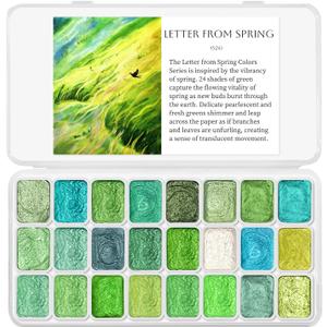 3 x CraftyManor Mini Glitter Watercolor Paint Set with Paper, 24 Colors Shimmer Metallic Watercolour Painting Sets, Solid Pearl Water Color Paints for Adult, Green 1ml Trial Pack(Letter from Spring)