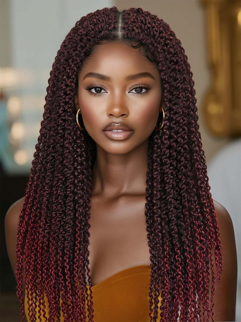 WIGER Full Double Lace Braided Wigs Two Twist Braid Curly Wig Glueless Synthetic Spiral Coiled Braid Wigs Pre Plucked with Baby Hair Ombre Burgundy Knotless Braided Wig for Black Women