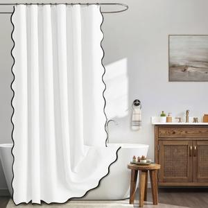 MIULEE 96" Long Scalloped Shower Curtain Linen Textured with 12 Metal Hooks Cute Extra Long Heavy Duty Washable Waterproof Cloth Shower Curtains with Black Border for Bathroom Hotel Bathtub,White