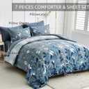 Anibedding Blue Comforter Set Queen Size 7 Piece Navy Botanical Gradient Leaves Ultra Soft Microfiber Down Alternative Bedding Set Lightweight Reversible Bed Comforter Set for All Season 90" x 90"