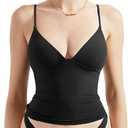 SUUKSESS Women Sexy Deep V Neck Sleeveless Fitted Basic Tops Y2K Tank Top Cami (Black, Small)