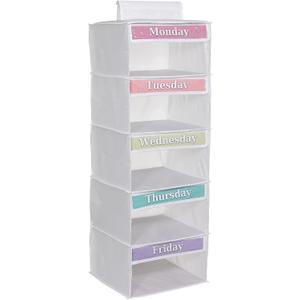 Weekly Clothes Organizer for Kids  5 Shelf Hanging Closet Storage for School Outfits | Monday to Friday Daily Clothing Divider with Color Labels, 33" Durable Polyester