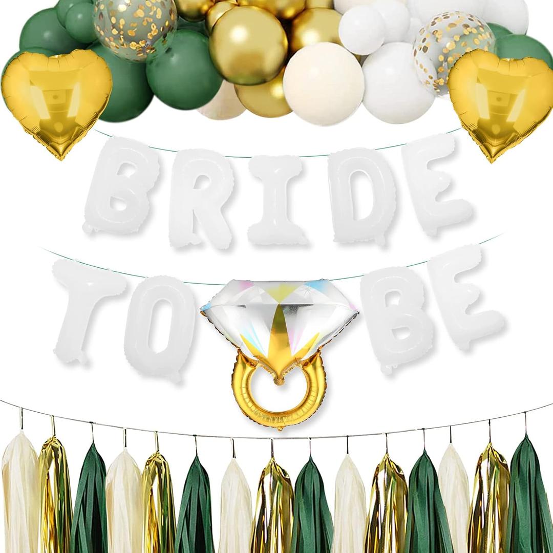 BLOOMIWIN Bachelorette Party Decorations - Green and Gold Bride To Be Balloons Kit, Sage Bridal Shower Decorations Kit, Hen Party Accessories With Tassels Garland