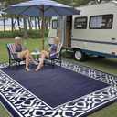 PureCozy Outdoor Plastic Straw Rug Navy Blue Large Outside Waterproof Outdoor Patio 9x12 Carpet Geometric Reversible Mat Modern for Camping RV Porch Deck Balcony Beach