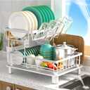 Dish Drying Rack, 2 Tier Dish Racks for Kitchen Counter, Compact Dish Drainer Rack, Detachable Dish Rack with Drainboard, Utensil Holder, Cup Holder for Small Space - White, Large