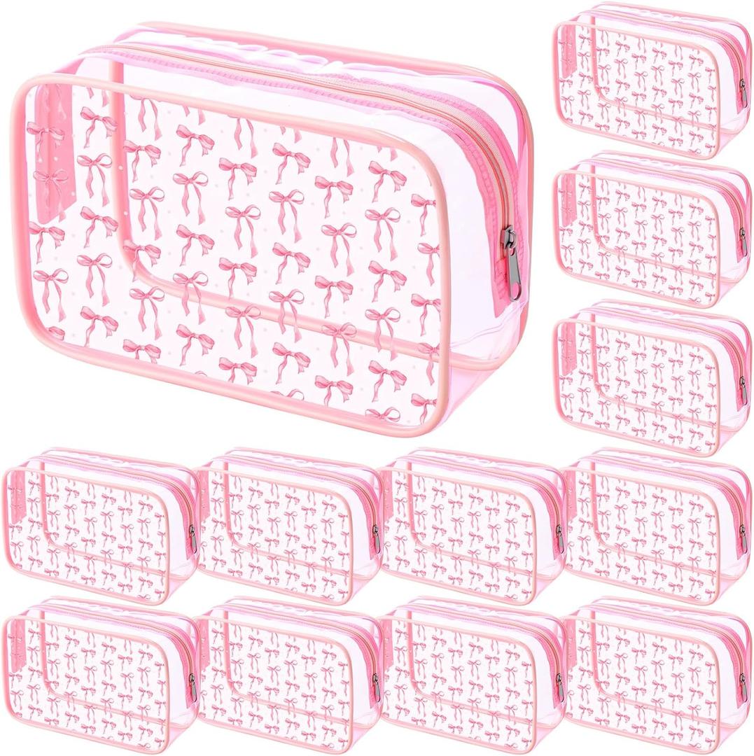 Kacctyen 12 Pcs Pink Bow Cosmetic Bag Coquette Preppy PVC Makeup Bag Bulk Clear Zippered Travel Toiletry Pouch Gift for Women Birthday Party Favor Bridal Shower