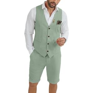 Mens Linen Suit 2 Piece Short Suits for Men Casual Summer Beach Groom Wedding Suit Linen Vest Shorts Set (4X-Large, Sage Green)