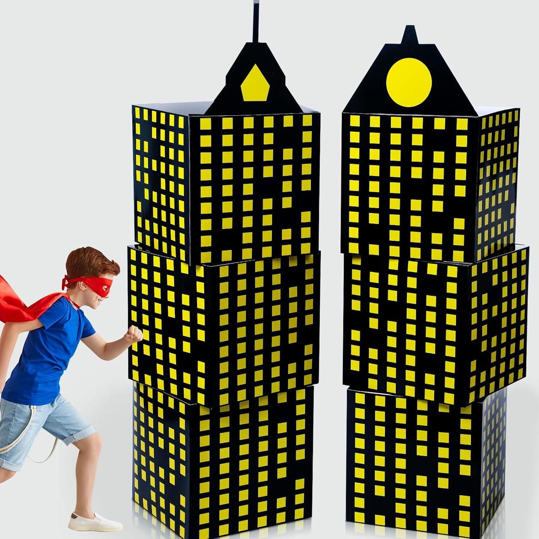 6 Pcs Large Hero Party Favor Boxes 11 Inch Skyscraper City Gift Hero Theme Candy Treat Boxes City Skyline Buildings Heroes Centerpiece for Boys Girls Birthday Party Decoration(Bright Color)