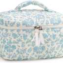 Prite Large Makeup Bag Cute Cosmetic Bag for Women Floral Coquette Aesthetic Toiletry Bag Travel Make Up Organizer Bag(Blue Flower)