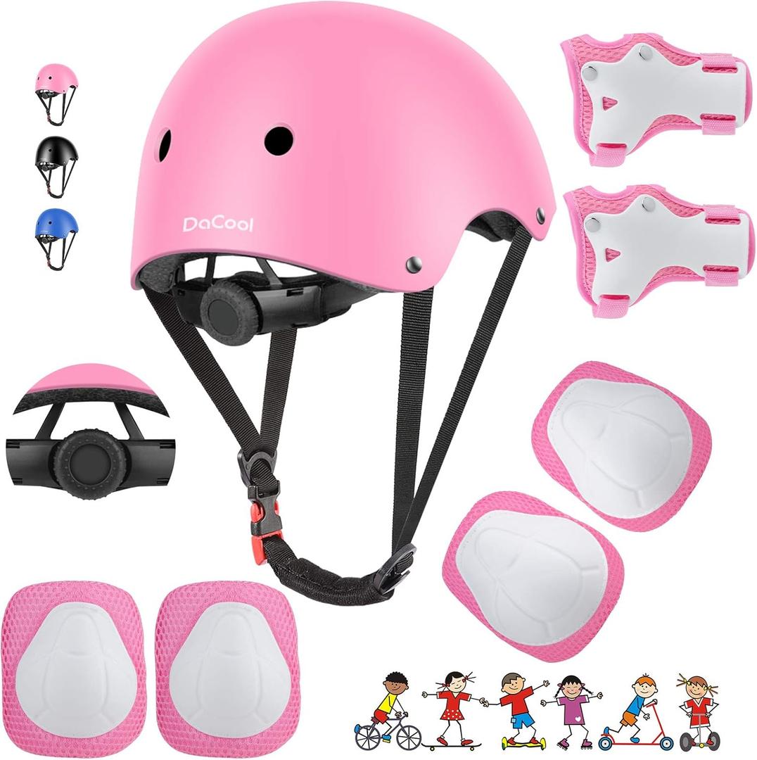 DaCool Kids Bike Helmet Set Skateboard Knee Pads - Kids Helmet Elbow Pads Wrist Guards Adjustable for 3~10yrs Girl Boy Kids Protective Gear Set for Sport Cycling Bike Roller Skating Scooter (1-Pink)