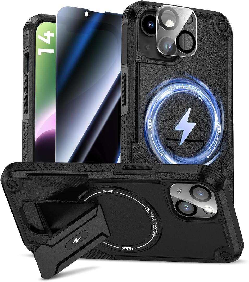 Goton for iPhone 14 Case with Privacy Tempered Glass Screen Protector & Camera Lens Protector, Compatible with MagSafe, Invisible Kickstand, Shockproof Phone Cover for iPhone 14, Black