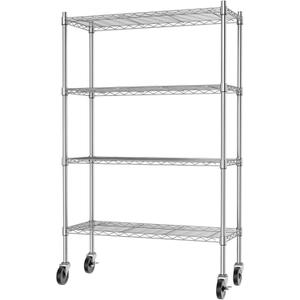 Auslar 4-Shelf Storage Shelves with Casters Heavy Duty 4 Tiers Rolling Cart Utility Racks Adjustable Wire Metal Shelving, Chrome