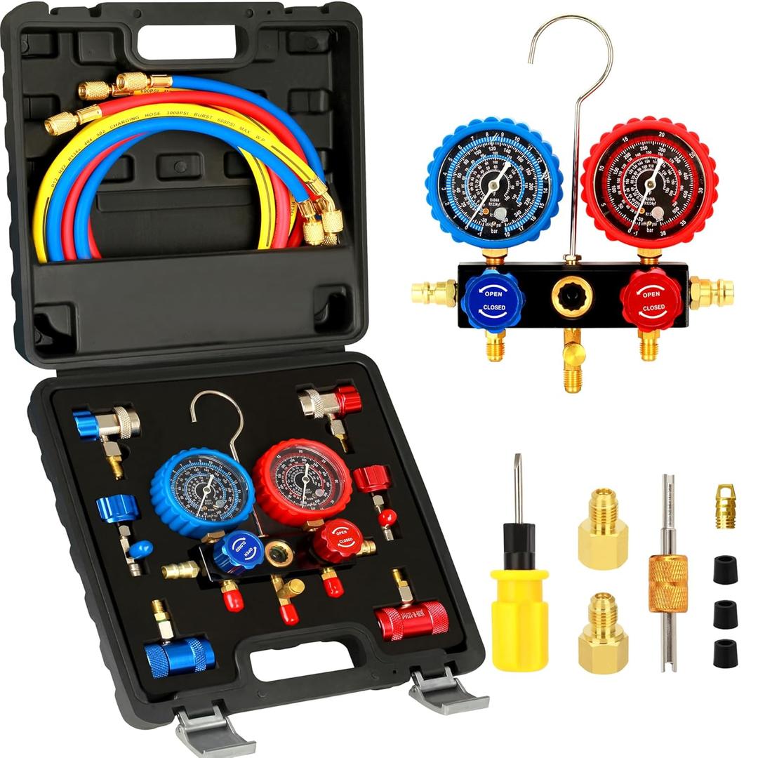 R1234yf R134A AC Gauge Set, 3 Way Automotive AC Manifold Gauges for R1234yf R134A and R404A Refrigerants with 5FT Hoses Quick Couplers Self Sealing Can Tap for Freon Charging
