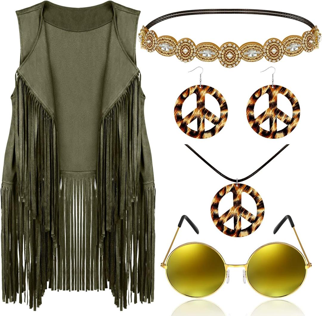 Frienda 6 Pcs 60s 70s Outfit for Women Hippie Halloween Costume Set Peace Sign Earring Headband Fringe Vest Tassel Cardigan (X-Large, Army Green)