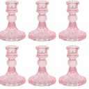 Glass Candlestick Holder,Striped Taper Candle Holders,Set of 6 Candle Stand for Table Centerpieces, Home Decor,Weddings,Festival and Parties (Pink Dimond)