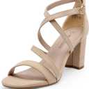 DREAM PAIRS Womens Ankle Strap Dress Pump Low Chunky Heel Sandals (7 Wide, Nude/Suede)