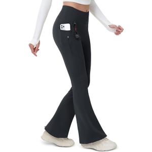 MAGCOMSEN Women's Fleece Lined Flare Leggings Waterproof Insulated Winter Pants Warm Snow Yoga Hiking Bootcut 3 Pcokets (Black, S)