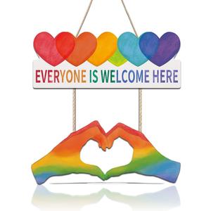 CHDITB Classroom Decor Everyone is Welcome Here Wall Hanging, Rainbow Heart Wooden Teacher Door Sign with Inspirational Quotes, Colorful Hand Heart Door Hanger for Classroom Kindergarten Daycare (10"x11")
