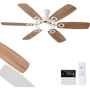 48 Inch White Ceiling Fans with Lights and Remote, Low Profile Flush Mount Modern Ceiling Fan with Light, 6 Blades, Dimmable, Reversible DC Motor, Indoor Outdoor Ceiling Fan for Bedroom Patio
