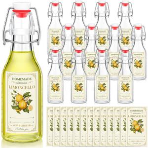 Havawish 12 Sets Limoncello Swing Top Glass Bottles for Homemade 8 oz Flip Clear Top Lemoncello Bottles with Labels Stoppers for Home Brewing Gifts Wedding Housewarming Party Favors(Round)
