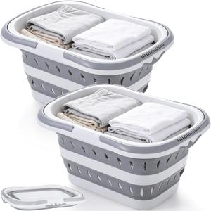 2 Pack Collapsible Plastic Laundry Basket, 10.6 Gallon 40L Foldable Hamper with Handles, Laundry Room, Portable Washing Basket, Space Saving Clothes Storage Bin for Bedroom, Bathroom