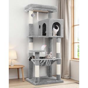 Globlazer Cat Tree Tower with Scratching Post for Indoor Cats, 53inch Tall Plush Multi-Level Cat Climbing Tower Condo House with Large Hammock, Spacious Cat Cave, Padded Top Perch Bed, F53, Light Gray