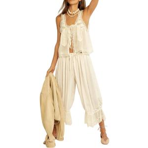 Aonoapll Women Y2k Lace Trim 2 Piece Pajama Set Tie Front Button Tank Top and Long Bloomer Pants Pj Set Loungewear (White, S)