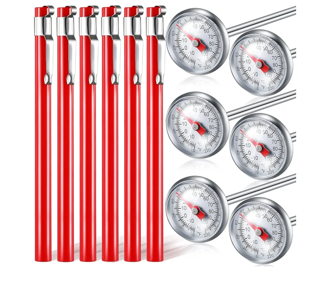Xuhal 6 Pcs Stainless Steel Kitchen Thermometer with 5 Inch Long Stem 1 Inch Dial Thermometer Milk Frothing Food for Oven Probe Meat Grill BBQ Cooking Chocolate Water(Red)
