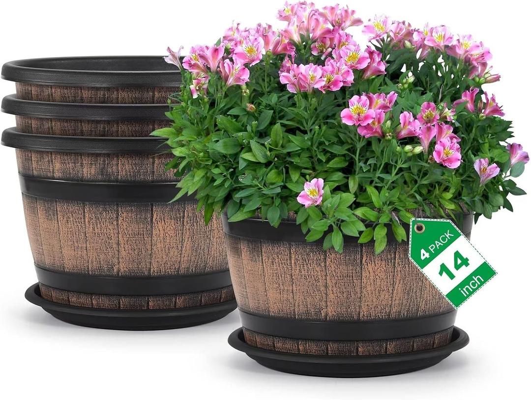 Large Plastic 4 Pack14 inch Plant Pots with Drainage Holes & Saucer