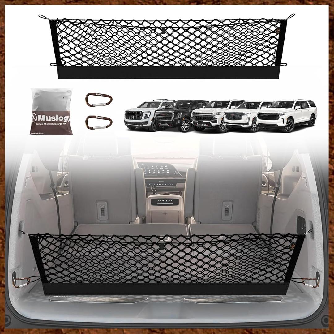 Muslogy Truck Bed Cargo Net Trunk Netting Compatible with 2021-2026 Chevy Suburban&Tahoe|GMC Yukon&Yukon XL| Escalade Accessories, Pickup Cargo Organizer SUV Sedan Storage Net w/Heavy Duty Carabiners